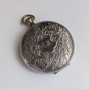 Pocket Watch Pill Box Silver Tone‎ Metal Floral Embossed "EM" Initials Engraved